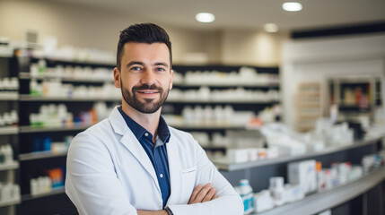 Fototapeta na wymiar Pharmacist male with pharmacy shop background