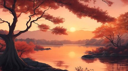Illustration of a beautiful autumn landscape with trees river and sunset