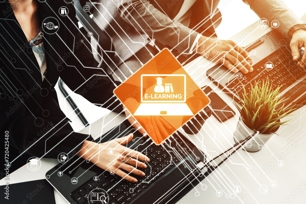 Poster e-learning and online education for student and university concept. graphic interface showing techno
