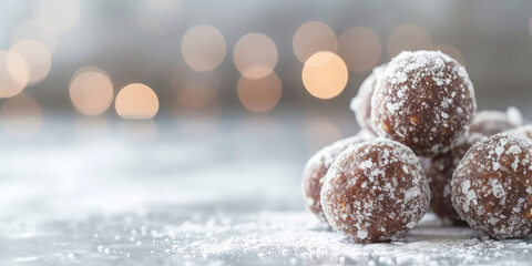 Dessert Bourbon Balls on Sparkling Background, copyspace. Delicious bourbon balls coated with confectioners' sugar. - obrazy, fototapety, plakaty