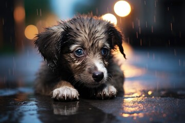 Cute little puppy in rain on street at night, closeup, Stray homeless dog, Sad abandoned hungry puppy sitting alone in the street under rain, AI Generated
