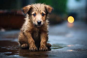 Homeless dog sitting in the rain on the street at night, Stray homeless dog, Sad abandoned hungry puppy sitting alone in the street under rain, AI Generated