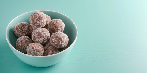 Dessert Bourbon Balls on blue Background, copy space. Delicious bourbon balls coated with confectioners' sugar.