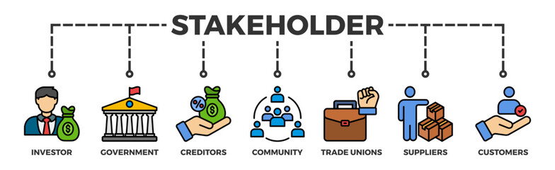 Stakeholder relationship banner web icon vector illustration concept for stakeholder, investor, government, and creditors with icon of community, trade unions, suppliers, and customers