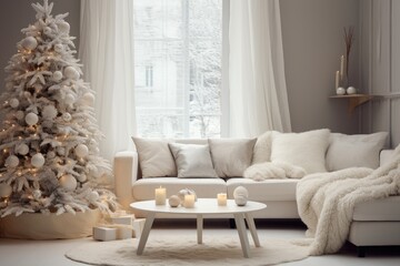 Christmas tree in the interior of the living room. 3d rendering, Stylish Christmas scandinavian minimalistic interior with white decor, AI Generated