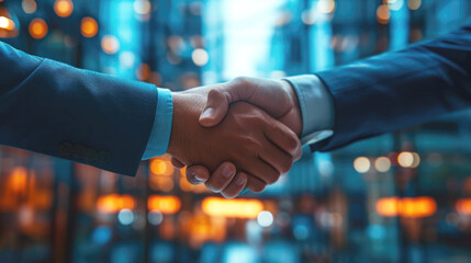 Two professionals shake hands against the backdrop of a modern business center. Business, deal, conclusion of an agreement. Close-up, handshake. - obrazy, fototapety, plakaty