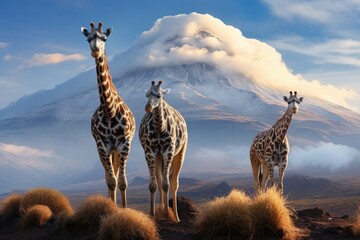 Fototapeta premium Three giraffes can be seen standing together in front of a majestic mountain, Three giraffe on Kilimanjaro mount background, AI Generated