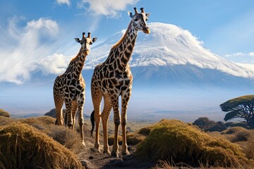 Two giraffes gracefully stand in a field with a majestic mountain providing a stunning backdrop, Three giraffe on Kilimanjaro mount background, AI Generated
