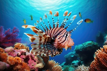 A lionfish swims gracefully over a vibrant and diverse coral reef teeming with life, Tropical lionfish swimming near coral reefs, Underwater life, AI Generated