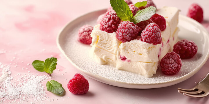 Raspberry Semifreddo on Pastel Background. Chilled semifreddo dessert, dusted with icing sugar, ice cream dessert.
