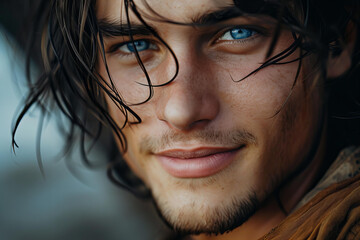 
male romantic fantasy character. Photo of beautiful hot young medieval prince man with dark hair, charming lips, piercing blue eyes. Selective focus, smooth background - obrazy, fototapety, plakaty