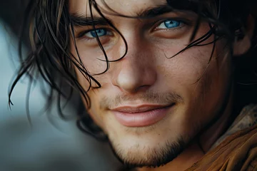 Foto op Plexiglas  male romantic fantasy character. Photo of beautiful hot young medieval prince man with dark hair, charming lips, piercing blue eyes. Selective focus, smooth background © ALL YOU NEED studio