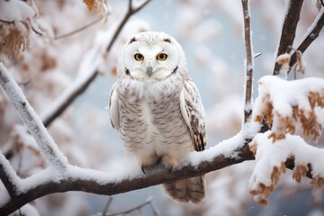 An owl gracefully perched on a snow-covered branch in the midst of a serene winter landscape, White winter owl perched on a tree branch in a winter snow landscape, AI Generated