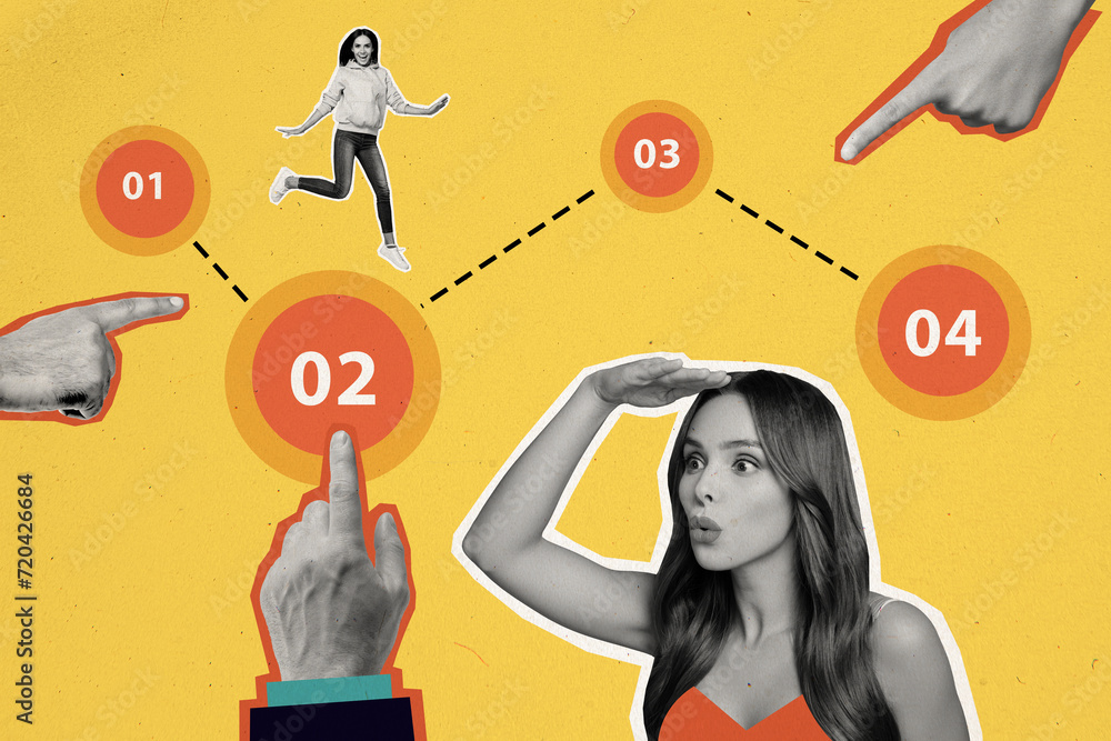 Aufkleber creative collage image of pretty female look hand point click buttons data info trading graph weird 