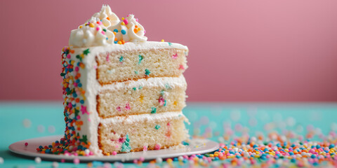 Sprinkle Funfetti Cake piece on Pastel Pink background, copy space. Slice of funfetti cake with colorful sprinkles and icing. 