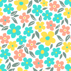 Simple floral vector seamless pattern. Yellow, turquoise, pink flowers, foliage on a white background. For fabric prints, textiles. Spring-summer collection.