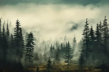 Türaufkleber Khaki A captivating painting of a foggy forest with tall pine trees, creating a serene and mysterious atmosphere., Misty landscape with fir forest in vintage retro style, AI Generated