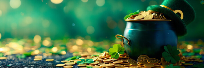 pot with golden coins in the middle of the shot. four leaf clover on the table , leprechauh hat blurred on the background with rainbow. selective focus, isolated on dark green background - obrazy, fototapety, plakaty