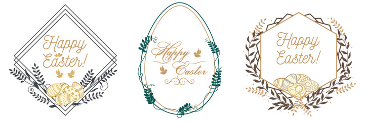 Easter frames decorated with herbs, flowers and Easter eggs. Borders with Easter eggs, birds and curls. Egg-shaped greeting frame. Easter eggs, herbs, flowers and twigs are collected in wreaths. - obrazy, fototapety, plakaty