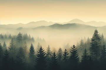 A captivating view of a foggy forest filled with an abundance of towering trees., Misty landscape with fir forest in vintage retro style, AI Generated