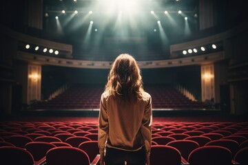 A young woman standing in front of a stage in a theater, Back view of a girl in a color dress on...
