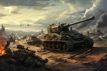 A striking painting capturing a military tank standing prominently in the heart of a barren desert., Modern artillery and anti-aircraft guns on a battlefield, AI Generated