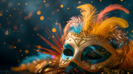 Fotobehang  Mardi Gras Mask festival banner background,  elegant Mardi grass mask on violet background,  Venetian carnival mask, Mardi Gras background. Holiday of Mardi Gras masquerade, generative Ai © Saleem