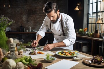 Fototapeta na wymiar A man in a chefs uniform efficiently cuts various vegetables on a table, preparing for cooking., Modern food stylist decorating meal for presentation in restaurant, AI Generated