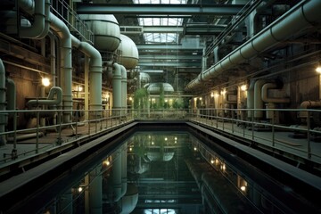 An image of a sprawling industrial building featuring a sizable pool of water in its vicinity., Modern urban waste water treatment plant, AI Generated
