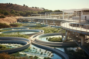 Fototapeta premium A water treatment facility filled with a large volume of water, ready for the purification process., Modern urban waste water treatment plant, AI Generated