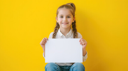 Happy girl holding and showing message white empty board on yellow copy space background 