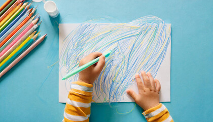 Baby hand holding marker and drawing colorful scratches lines on white paper. Blue table background. Pastel color. Closeup. Toddler development. Learning painting. Point of view shot. Top down view