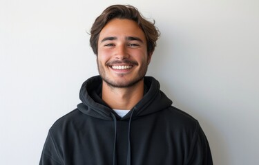 Obraz premium Happy man wearing black hoodie poses against a white backdrop, fashion photography