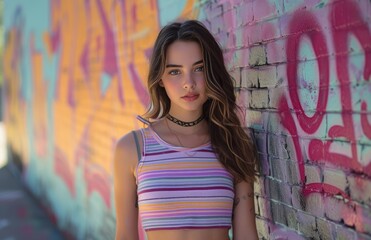 Fototapeta premium Young woman standing in front of vibrant graffiti wall, fashion and style image