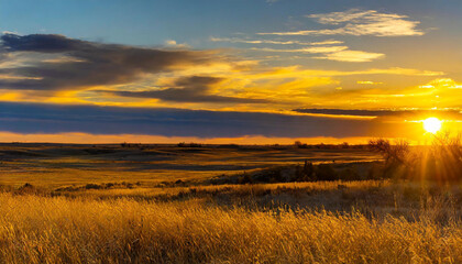 Fototapeta na wymiar Golden Sunset Over Serene Prairie Landscape