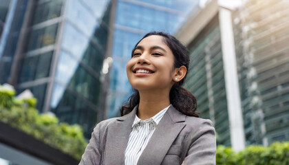Happy young Asian business woman standing on street outside modern office building in the city. Portrait of professional businesswoman. Office worker looking up to the sky and smiling