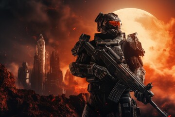 Futuristic soldier in the ruins of the city. 3d rendering, Sci-fi soldier with a gun, A futuristic soldier standing on city ruins against the backdrop of a glowing planet, AI Generated