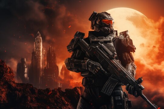 Futuristic soldier in the ruins of the city. 3d rendering, Sci-fi soldier with a gun, A futuristic soldier standing on city ruins against the backdrop of a glowing planet, AI Generated