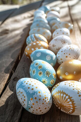 top view pattern. folclore painted easter eggs. pastel gold, blue, white,beige colors. isolated on wooden rustic table