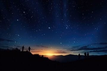 Silhouettes of people in the mountains against the background of the starry sky, Silhouettes of people observing stars in the night sky, Astronomy concept, AI Generated