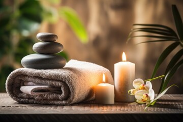 Spa still life with zen stones and candles on wooden background, Spa concept - Massage stones with towels and candles in a natural background, AI Generated