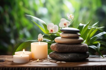 Obraz na płótnie Canvas Spa still life with candles, zen stones and towels on wooden background, Spa concept - Massage stones with towels and candles in a natural background, AI Generated