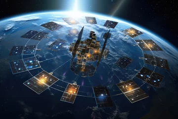 Fototapeten Global network connection over the world 3D rendering elements of this image furnished by NASA, Space-Based Solar Power, A network of satellites capturing solar energy, AI Generated © Ifti Digital