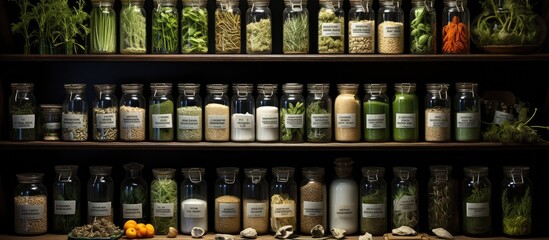 herbal medicine on display with several packets of medicine, ancient remedies. Medicine for health