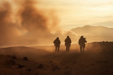 Group of soldiers walking in the desert. 3D Rendering, Special military soldiers walking in a smoky desert, AI Generated - obrazy, fototapety, plakaty