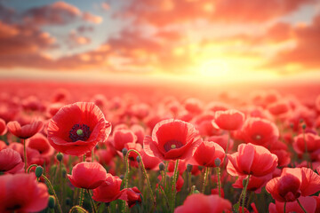 Naklejka premium Poppy red flower field and sky in the spring meadow poppies landscape