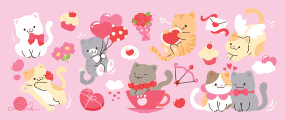 Cute cats in valentine day lovely pet vector. Collection of cats with little heart, flower, balloon. Adorable animal characters for clipart, decoration, prints, cover, greeting card, sticker, banner.