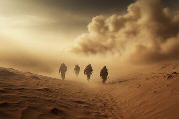 Silhouette of a group of tourists walking in the desert, Special military soldiers walking in a smoky desert, AI Generated