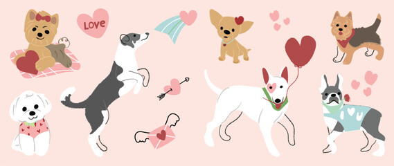 Cute dogs in valentine day lovely pet vector. Collection of dogs with little heart, balloon, arrow. Adorable animal characters for clipart, decoration, prints, cover, greeting card, sticker, banner.