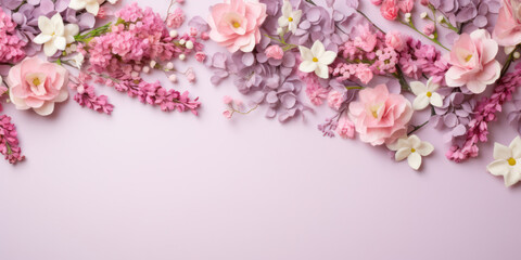 Romantic flower arrangement against a pastel pink background. Banner template with flowers on the edges on pink background. Copy space. Top view.